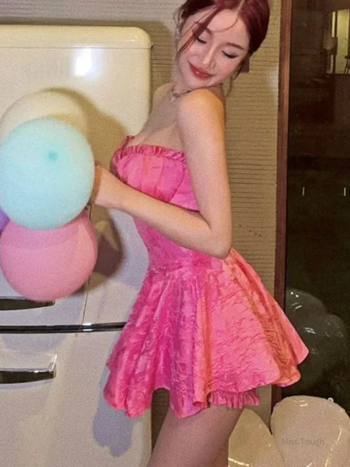 Vestido corto de fiesta rosa dulce, corte en A, sin tirantes Y7753