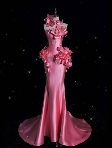 Pretty Pink Satin 3D Flowers Mermaid Prom Dress Long Evening Dress Y8339