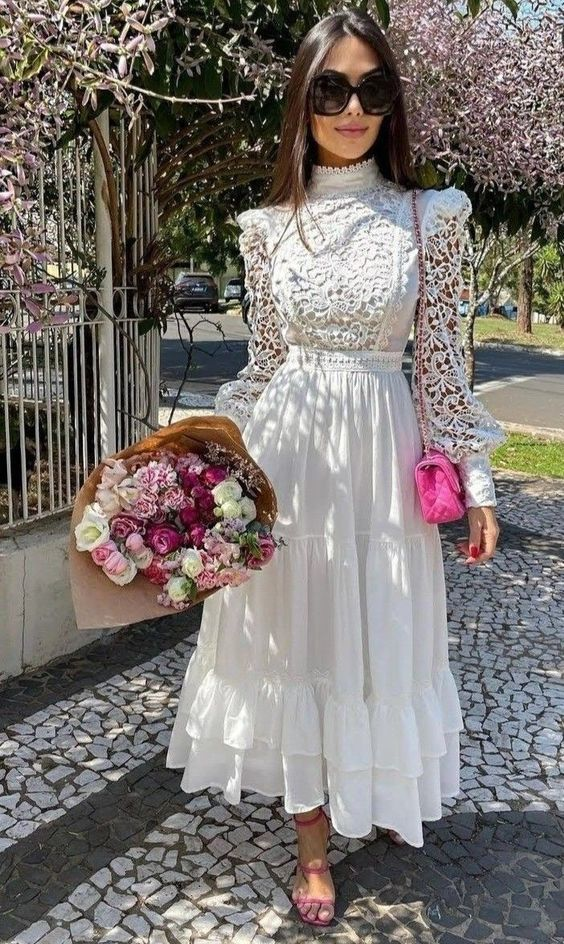 Vestido de fiesta de encaje blanco corte A, modelo Y5460
