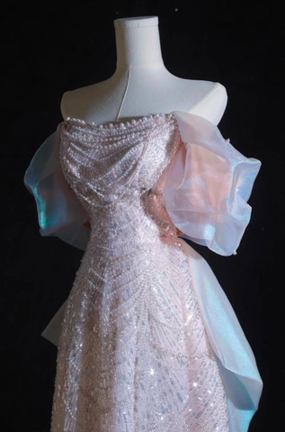 Vestido largo de fiesta rosa de corte A con hombros descubiertos, tul, lentejuelas y cuentas, modelo Y8050