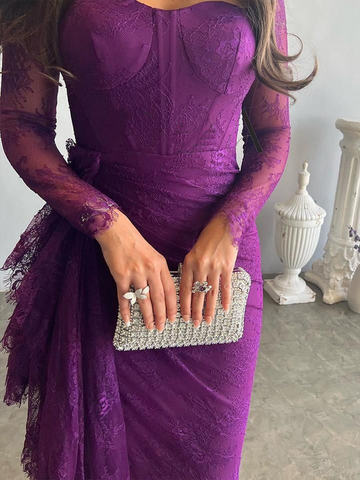 Precioso vestido de noche largo de sirena con abertura lateral, encaje plisado, morado, para baile de graduación Y7766