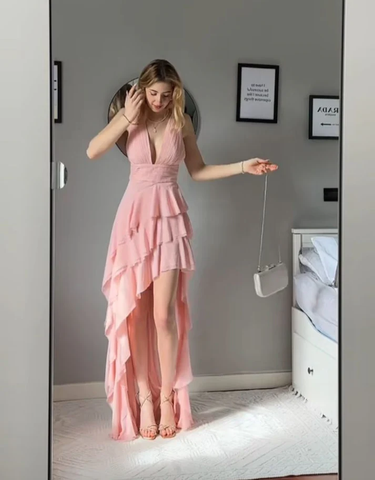 Vestido de noche rosa sexy con escote en V profundo y volantes, vestido de fiesta de gasa Y8062