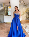 Vestido de fiesta azul real corte A con abertura alta. Vestido de noche azul real Y6221