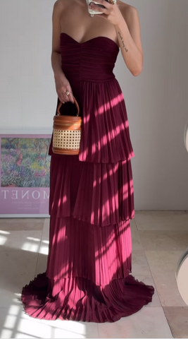 Burgundy Strapless Chiffon Pleated Tiered Long Evening Dress A Line Prom Dress Y8503