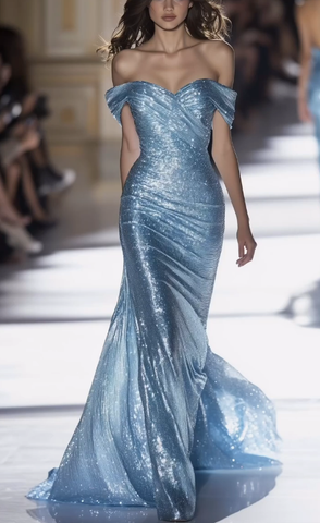 Classy Off The Shoulder Mermaid Evening Dress Blue Long Prom Dress Y8346