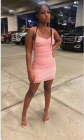 Vestido rosa sin mangas con tirantes finos, vestido sexy rosa para fiesta de bienvenida Y835