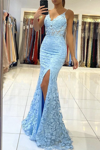 Robe de bal longue sirène en dentelle bleue, dos nu et col V, robe de soirée sirène en dentelle bleue, robe de soirée en dentelle bleue Y333