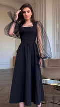 Robe de soirée élégante à manches longues et coupe trapèze, noire, col carré simple, pour femme Y4557