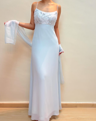 Elegante vestido de noche de fiesta con tirantes, apliques de gasa y cuentas en color azul pastel Y8142