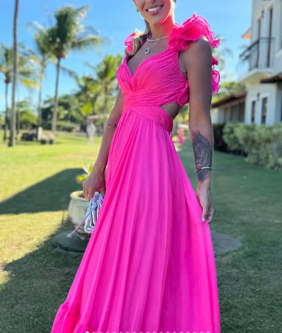 Robes de bal en mousseline de soie à volants, coupe trapèze, col en V, robes de demoiselle d'honneur longues, robes de soirée formelles dos nu Y3043