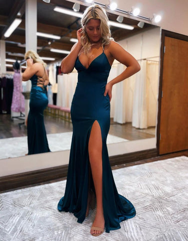 Mermaid Spaghetti Straps Satin Prom Dress with Slit