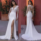 Elegant A-Line Wedding Dresses For Women Spring V Neck Deep Long Sleeve Lace Slim Fashion Bride's Tail Bridal Wedding Gown