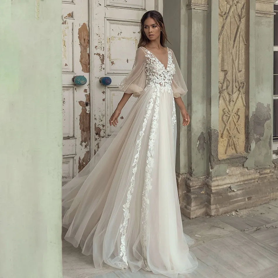 Vestido de novia elegante corte A, manga abullonada, espalda descubierta, apliques de cuentas, escote en V.