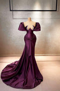 Elegante vestido largo de fiesta de satén con corte en A, mangas cortas, hombros descubiertos y volantes