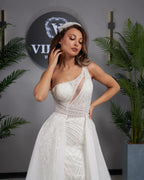Elegante vestido de novia de corte A, un solo hombro, sin mangas, con apliques de tul para mujer