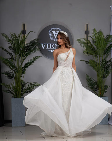 Elegante vestido de novia de corte A, un solo hombro, sin mangas, con apliques de tul para mujer