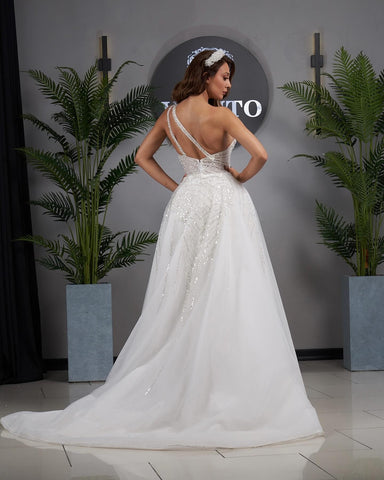 Elegante vestido de novia de corte A, un solo hombro, sin mangas, con apliques de tul para mujer
