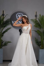 Elegante vestido de novia de corte A, un solo hombro, sin mangas, con apliques de tul para mujer