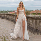 Vestidos de novia elegantes para la playa con aberturas altas, tul, apliques de encaje bohemio, vestidos de novia sin espalda.