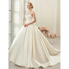 Robe de soirée élégante beige en satin et dentelle, col rond, bretelles larges, sans manches, longueur au sol, pour femme 