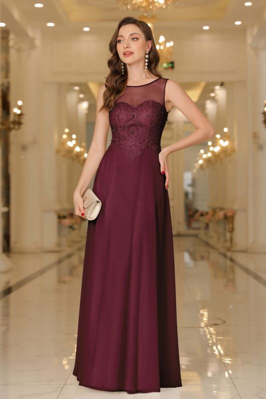 Robe de soirée élégante en mousseline sans manches, col rond, ornée d'appliqués de dentelle, robe de demoiselle d'honneur