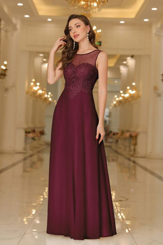 Elegante vestido de noche de gasa sin mangas con escote redondo y apliques de encaje para dama de honor