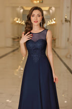 Robe de soirée élégante en mousseline sans manches, col rond, ornée d'appliqués de dentelle, robe de demoiselle d'honneur