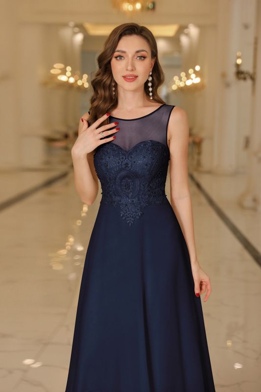 Robe de soirée élégante en mousseline sans manches, col rond, ornée d'appliqués de dentelle, robe de demoiselle d'honneur