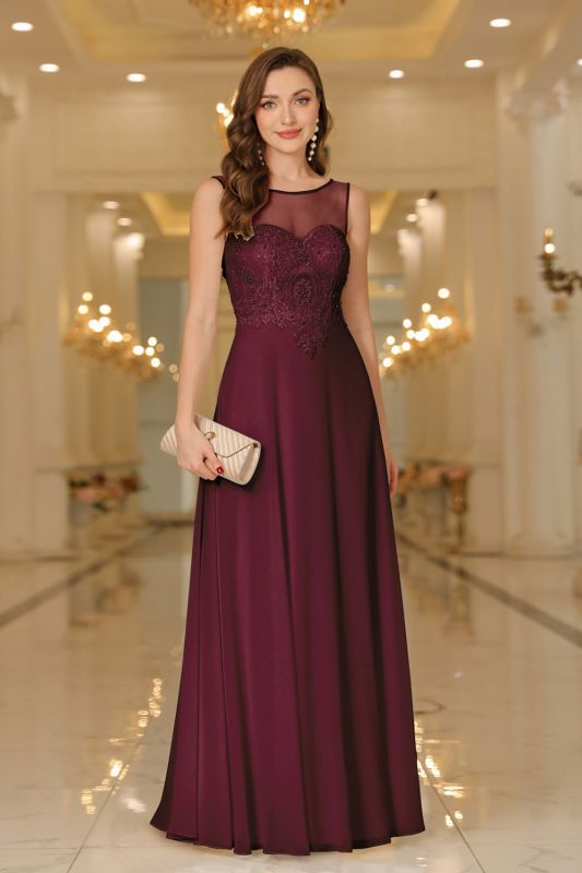 Robe de soirée élégante en mousseline sans manches, col rond, ornée d'appliqués de dentelle, robe de demoiselle d'honneur
