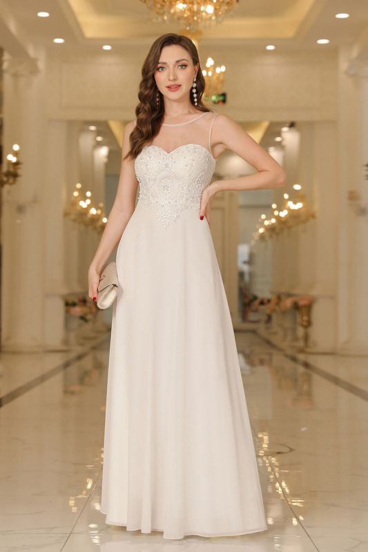 Robe de soirée élégante en mousseline sans manches, col rond, ornée d'appliqués de dentelle, robe de demoiselle d'honneur