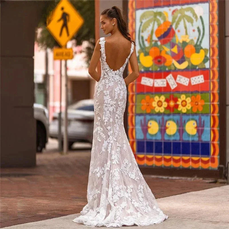 Elegante encaje sirena Vestidos De Novia playa espalda abierta sin mangas Vestidos De Novia apliques Vestido De Noiva