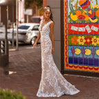 Elegante encaje sirena Vestidos De Novia playa espalda abierta sin mangas Vestidos De Novia apliques Vestido De Noiva