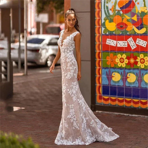 Elegant Lace Mermaid Vestidos De Novia Beach Open Back Sleeveless Wedding Dresses Appliques Vestido De Noiva