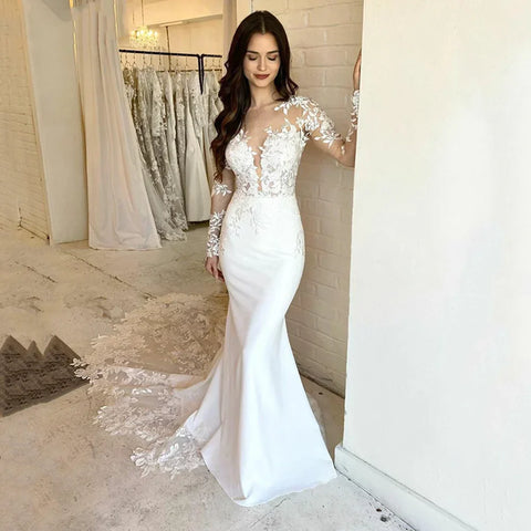 Robe de mariée sirène élégante en dentelle pour femme, manches longues, dentelle appliquée, dos illusion, ivoire, Vestido De Novias 