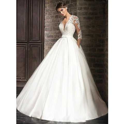 Vestidos de novia elegantes de encaje, vestidos de novia con escote en V profundo y sexy, vestidos de novia con mangas y bolsillos, vestido de novia personalizado