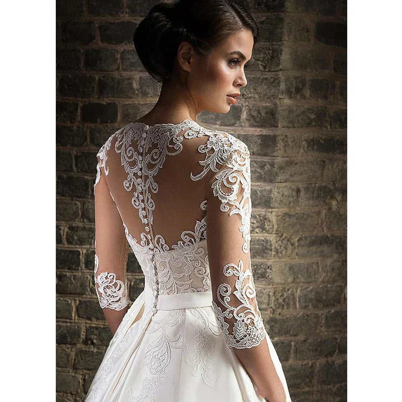 Elegant Lace Wedding Dresses Sexy Deep V-Neck Vestido De Novia Sleeve Bridal Gowns with Pockets Customized Robe Mariee