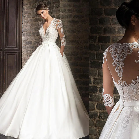 Vestidos de novia elegantes de encaje, vestidos de novia con escote en V profundo y sexy, vestidos de novia con mangas y bolsillos, vestido de novia personalizado