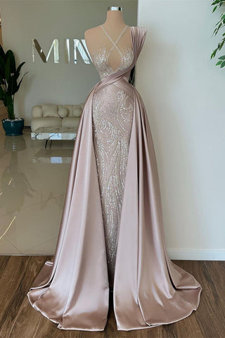 Elegante vestido largo de satén sin mangas con encaje y lentejuelas, corte en A para baile de graduación