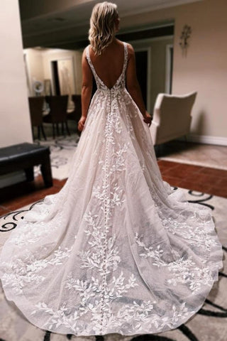 Elegantes vestidos de novia largos de corte A, escote en V, espalda descubierta, encaje brillante y sin mangas