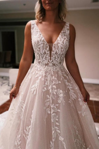 Elegantes vestidos de novia largos de corte A, escote en V, espalda descubierta, encaje brillante y sin mangas