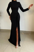 Robe de bal élégante longue noire style sirène, col haut, manches longues et fente