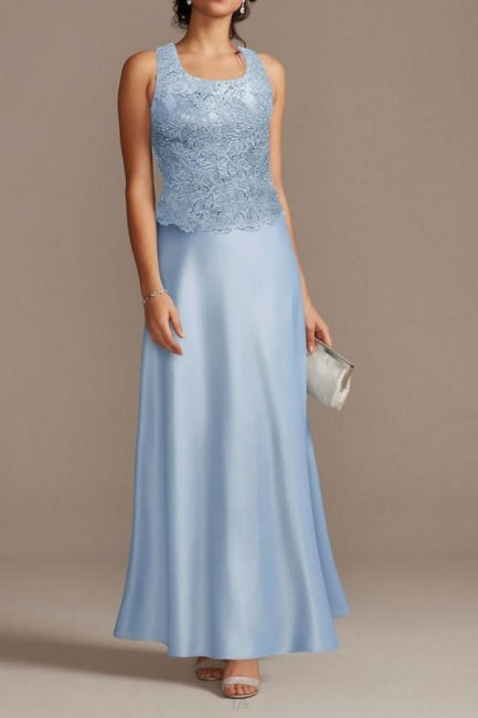 Elegante vestido largo azul de encaje satinado para la madre de la novia con chaqueta.