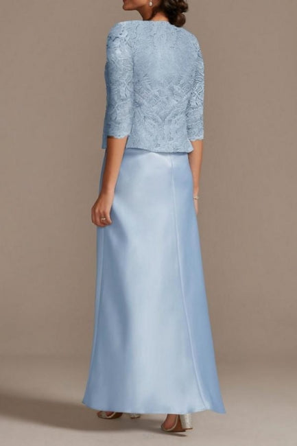 Elegante vestido largo azul de encaje satinado para la madre de la novia con chaqueta.