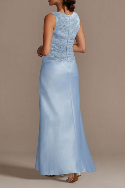 Elegante vestido largo azul de encaje satinado para la madre de la novia con chaqueta.