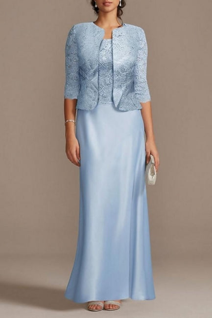 Elegante vestido largo azul de encaje satinado para la madre de la novia con chaqueta.
