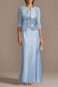 Elegante vestido largo azul de encaje satinado para la madre de la novia con chaqueta.