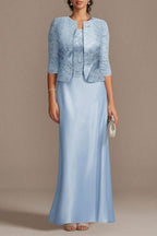 Elegante vestido largo azul de encaje satinado para la madre de la novia con chaqueta.