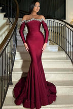 Robe de bal élégante longue bordeaux style sirène avec strass et manches longues