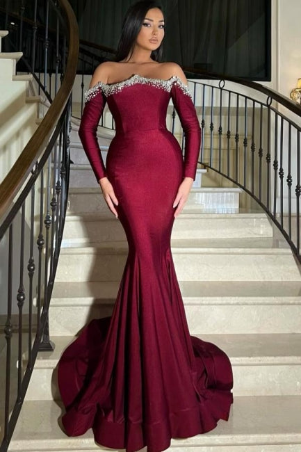 Robe de bal élégante longue bordeaux style sirène avec strass et manches longues
