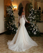 Robe de mariée sirène longue ivoire élégante en dentelle et tulle à manches longues